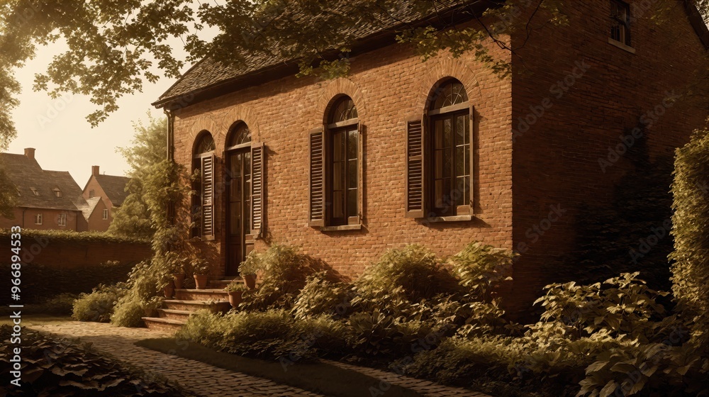 Generative AI, A charming brick house with an arched doorway and a cobblestone path, surrounded by lush greenery, evoking a peaceful and timeless atmosphere in sepia tones Generative AI, A charming brick house with an arched doorway and a cobblestone path, surrounded by lush greenery, evoking a peaceful and timeless atmosphere in sepia tones