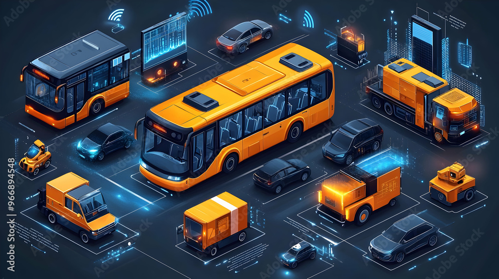 A digital illustration of various vehicles, showcasing modern transport technology. A digital illustration of various vehicles, showcasing modern transport technology.