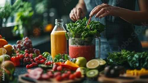 Fototapeta Naklejka Na Ścianę i Meble -  Fresh organic fruits and vegetables being prepared for a healthy smoothie