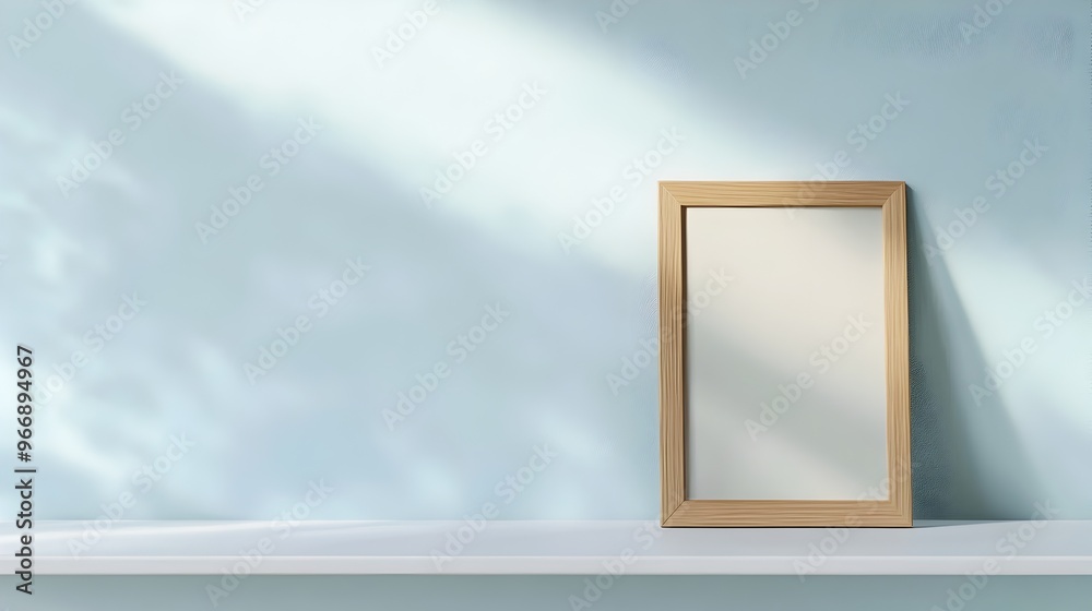 Minimalist Wooden Frame Against Pale Blue Wall on White Shelf Minimalist Wooden Frame Against Pale Blue Wall on White Shelf