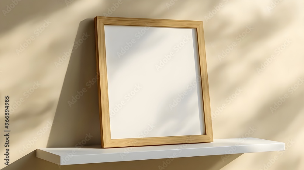Fototapeta premium Elegant Wooden Frame Floating on Beige Wall with Natural Lighting