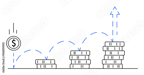 Coin with dollar sign bouncing up steps of stacked coins, increasing towards rising arrows. Ideal for finance, investment, savings, economic growth, wealth management.