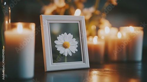 A white picture frame with a single white daisy flower inside rests on a table with a row of candles burning in the background.