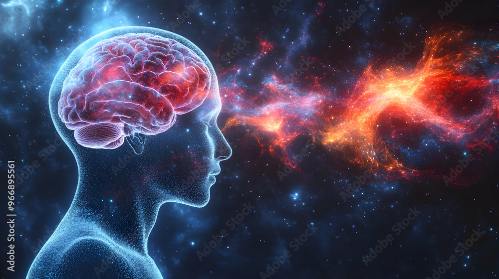 Obraz premium A digital representation of a brain with cosmic elements, symbolizing thought and creativity.