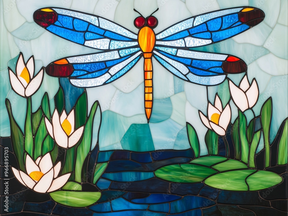 Whimsical dragonfly hovering above a pond with water lilies and ...