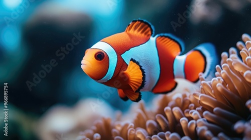 Stunning close up of a clownfish living symbiotically with a colorful sea anemone photo