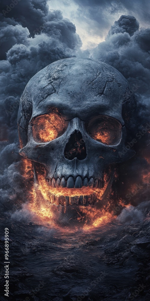 A dramatic skull surrounded by dark clouds and fiery elements, evoking mystery and intrigue in a captivating visual portrayal. A dramatic skull surrounded by dark clouds and fiery elements, evoking mystery and intrigue in a captivating visual portrayal.