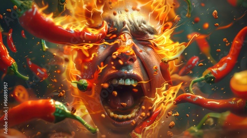 A man's face engulfed in flames with red hot peppers flying around him, symbolizing the pain of eating spicy food. photo