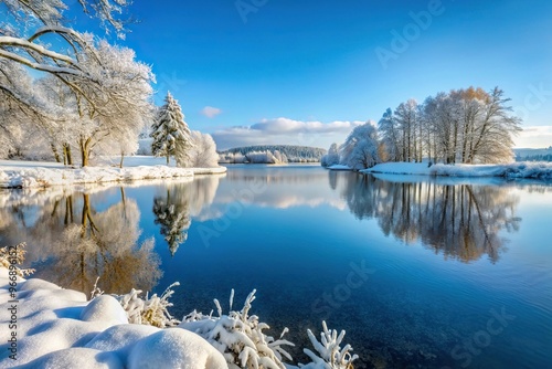 Snow covered landscape with lake