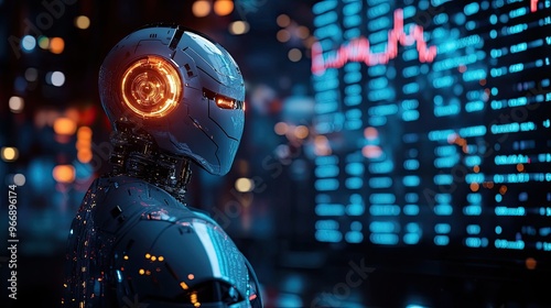 22. Robot trader in front of a glowing stock chart predicting market outcomes, [market prediction], [AI forecasting financial movements]