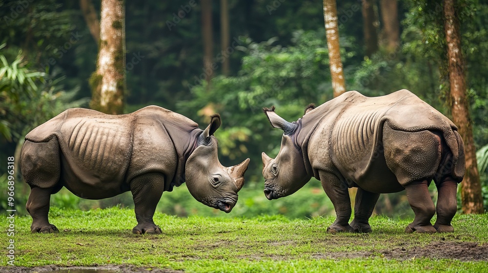 Fototapeta premium Rhinoceroses at the zoo in Pasuruan, Indonesia, specifically in Taman Safari 2 in Prigen. The one-horned rhinos roam freely in the forest, with visitors observing their natural habitat.