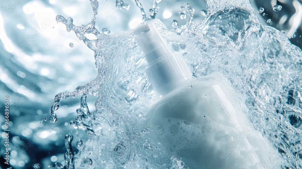 Foam cleanser with energetic water splash, creating a lively, invigorating effect, no branding, focused on the product, no people. Foam cleanser with energetic water splash, creating a lively, invigorating effect, no branding, focused on the product, no people.