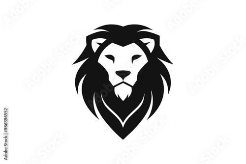 A lion head logo icon, featuring a modern stylish shape with an underline, set on a solid white background silhouette black vector art illustration