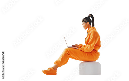 3D Rendered Woman Working for Leptop on white background,png