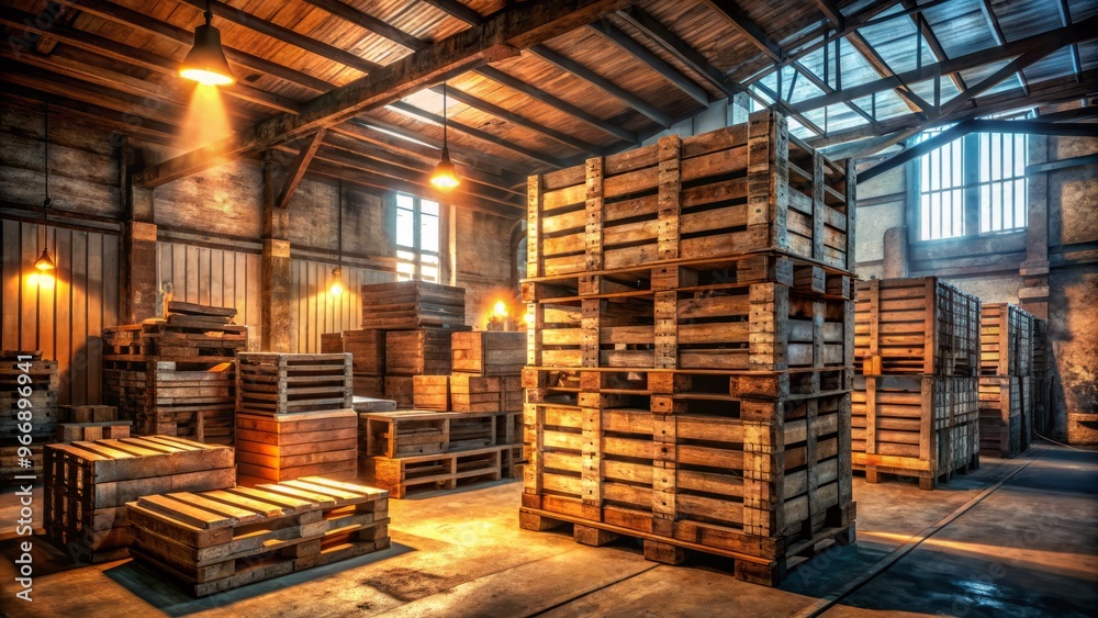 A rustic wooden warehouse with worn wooden crates, rusty metal beams, and vintage wooden pallets stacked high in a dimly lit interior. A rustic wooden warehouse with worn wooden crates, rusty metal beams, and vintage wooden pallets stacked high in a dimly lit interior.
