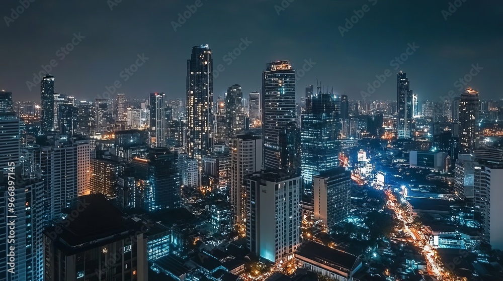 Obraz premium Bangkok city rooftop view at night: A stunning nighttime panorama showcasing the vibrant cityscape, with numerous hotels, temples, and tall business buildings standing out in the heart of Bangkok.