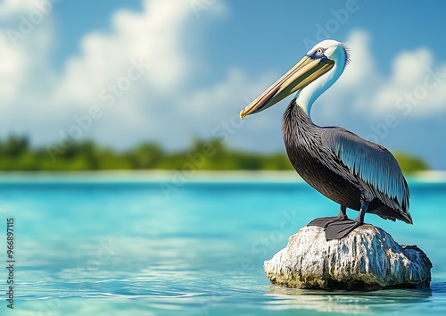 Pelican perched on a rock by a tropical ocean with clear skies