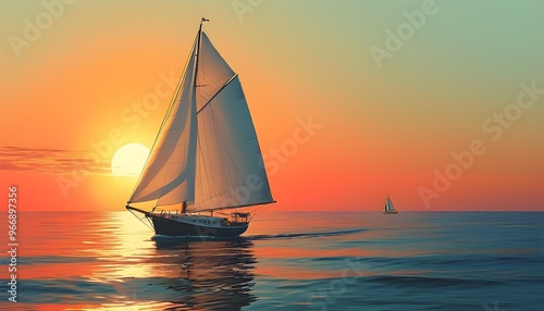 Sailboat gliding on serene sea at sunset, embodying summer travel in a minimalist retro style, perfect for print and poster designs with ample copy space.