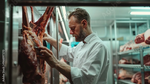 A butcher in a white coat is inspecting a large cut of meat in a cold storage room. He is looking at the meat closely, and his face is illuminated by the fluorescent light above.