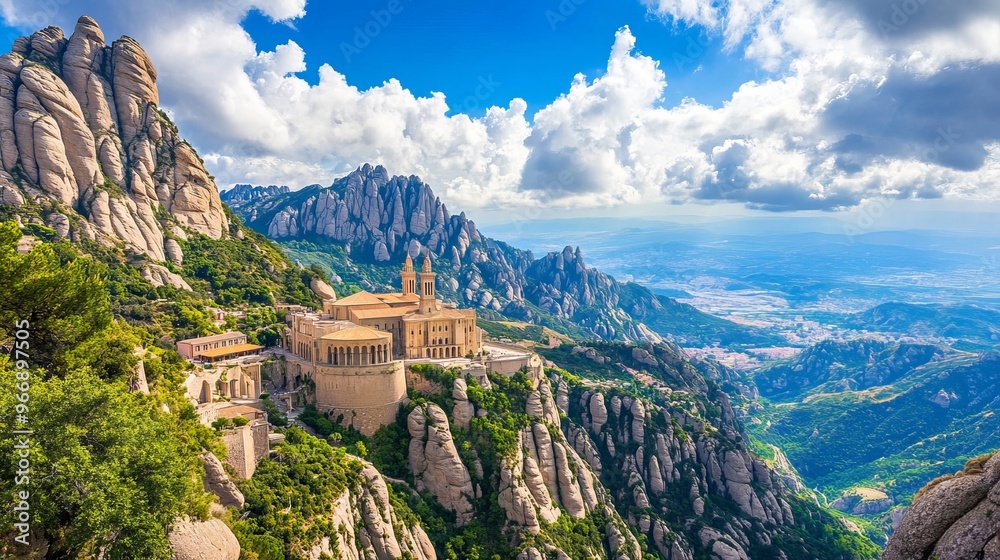 custom made wallpaper toronto digitalBasilica The Basilica and Montserrat Monastery nestled in the Montserrat Mountains, Spain. A sunny summer day view of the monastery with fluffy clouds overhead.