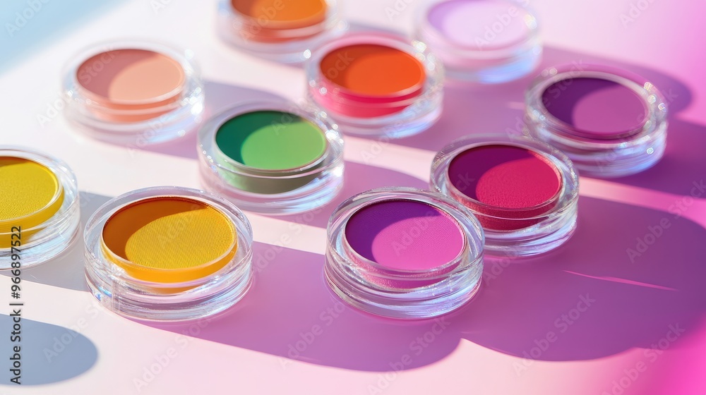 Minimalist eyeshadow packaging in transparent plastic, no logo, focused on the vibrant shades inside, no people. Minimalist eyeshadow packaging in transparent plastic, no logo, focused on the vibrant shades inside, no people.