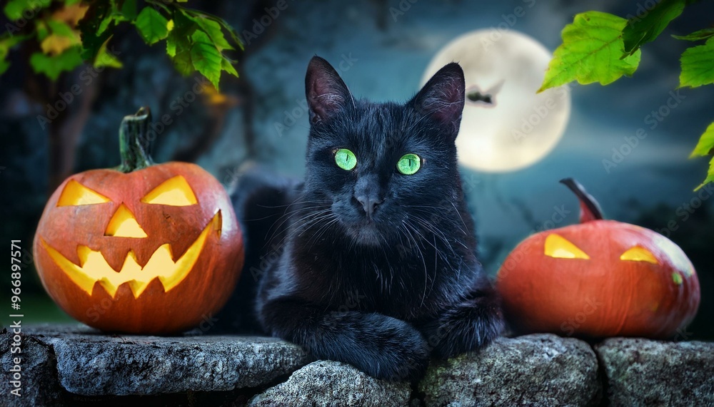 Mysterious Black Cat with Glowing Eyes: A sleek black cat with piercing, glowing green eyes sitting on an old stone wall under the moonlight. halloween Mysterious Black Cat with Glowing Eyes: A sleek black cat with piercing, glowing green eyes sitting on an old stone wall under the moonlight. halloween