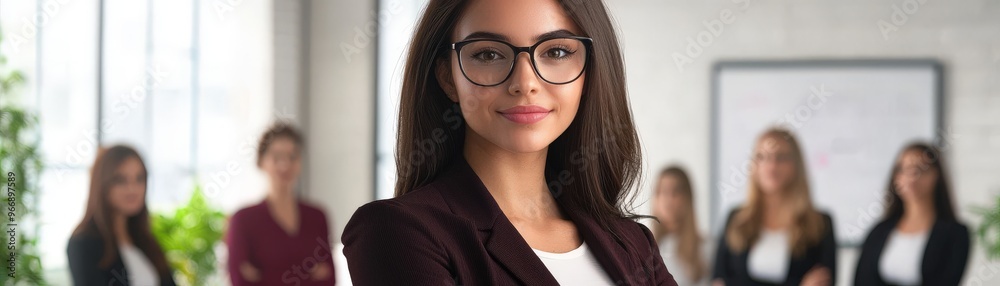 Obraz premium Female business assistant confidently presenting solutions to a diverse team, high-tech office space, problem-solving expertise, engaging visual style