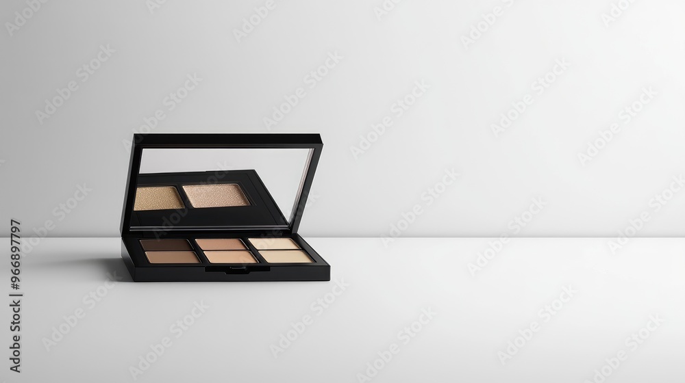 Minimalist eyeshadow palette with mirror, no logo, focused on the modern, travel-friendly packaging, no people. Minimalist eyeshadow palette with mirror, no logo, focused on the modern, travel-friendly packaging, no people.