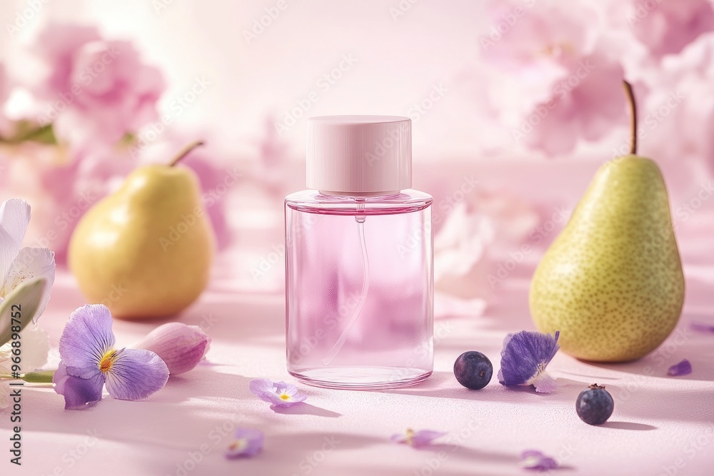 Product photography of perfume in a pink reactangle glass bottle with light pink cap. Front view. The setting is in light pink colors with white gradient. with generative ai Product photography of perfume in a pink reactangle glass bottle with light pink cap. Front view. The setting is in light pink colors with white gradient. with generative ai