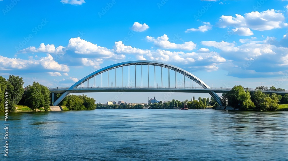 Fototapeta premium Cracow, Poland: View of the Józef Piłsudski road bridge spanning the Vistula River, featuring an arch-shaped steel structure. Focused detail.