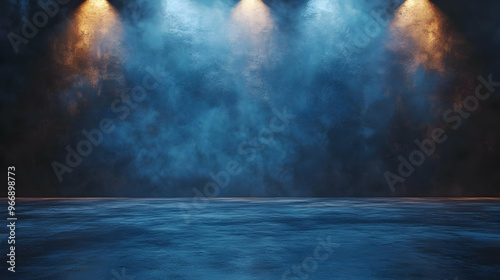 A dimly lit stage with blue...