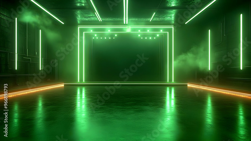 A dimly lit stage with gree...