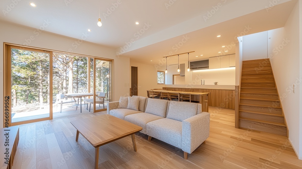 Modern Open Plan Living Room with Wooden Floors and Large Windows Modern Open Plan Living Room with Wooden Floors and Large Windows