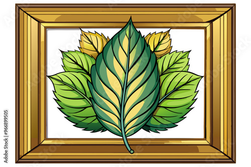 Close up of a golden frame with green and yellow leaves peeking from behind.