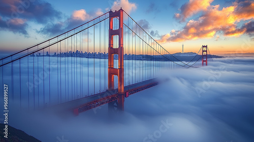 Golden Gate Bridge Fog Sunset San Francisco Skyline