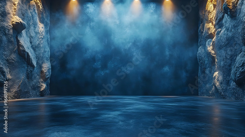 A dramatic stage set with b...