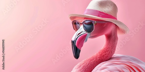 Pink flamingo with hat and sunglasses on turquoise blue background with copy space. Summer travel concept design photo