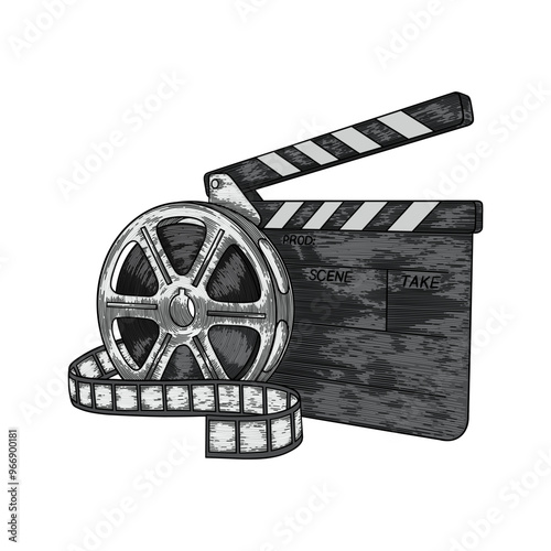 hand drawn colored illustration of film reel and clapperboard