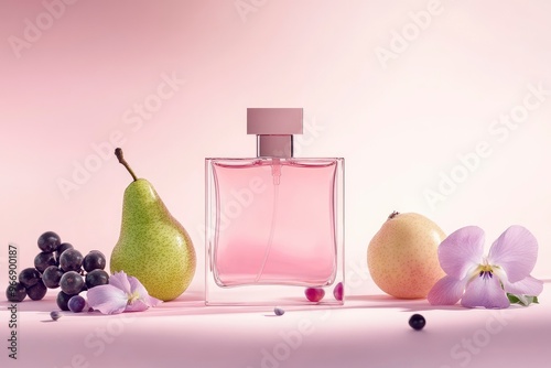 Product photography of perfume in a pink reactangle glass bottle with light pink cap. Front view. The setting is in light pink colors with white gradient. with generative ai