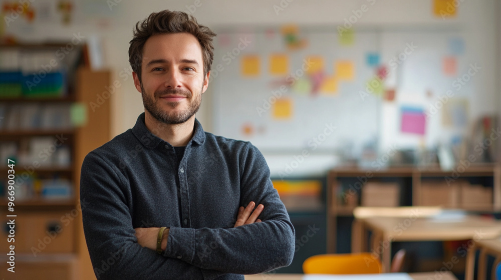 Portrait of a young male teacher standing in a classroom.