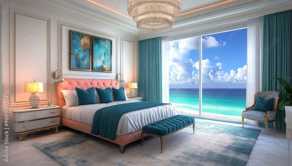  A luxurious bedroom with a stunning ocean view, featuring an elegant bed and plush bedding in shades of teal and coral pink. Created with Ai