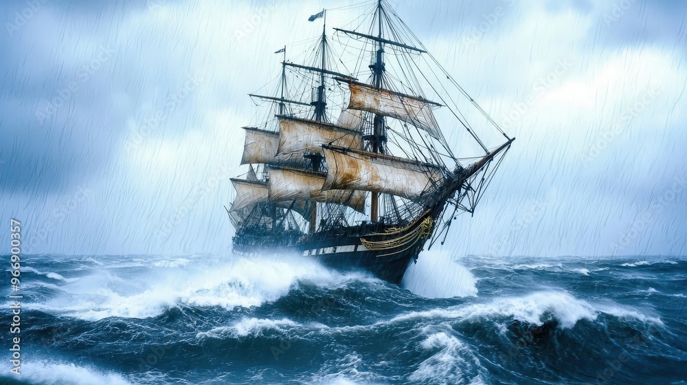 Fototapeta premium Tall Ship Sailing Through Stormy Sea with Waves and Rain