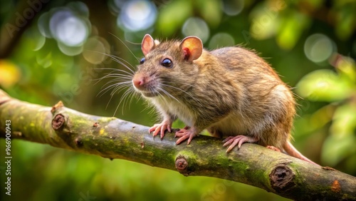 A whimsical brown rat with curly hair sat serenely on a tree branch, its soft fur rustling gently photo