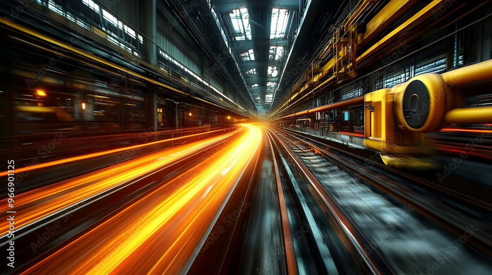 A dynamic industrial scene with light trails suggesting motion and technology. A dynamic industrial scene with light trails suggesting motion and technology.