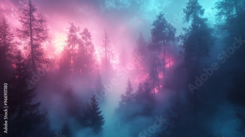 Silhouetted Trees in a Foggy Forest with Pink and Blue Light