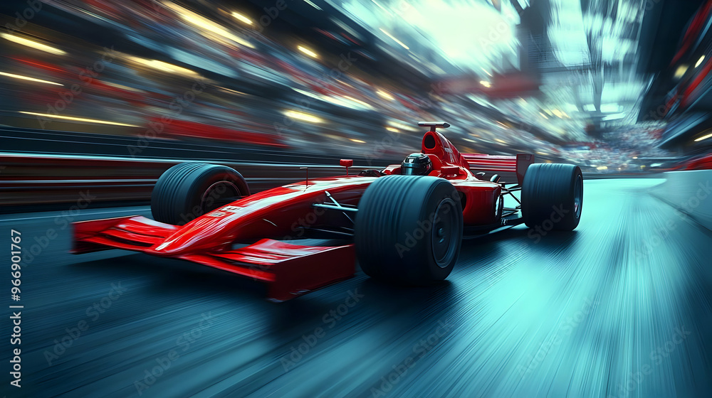 A dynamic red race car speeding through a blurred racetrack, showcasing motion and excitement. A dynamic red race car speeding through a blurred racetrack, showcasing motion and excitement.