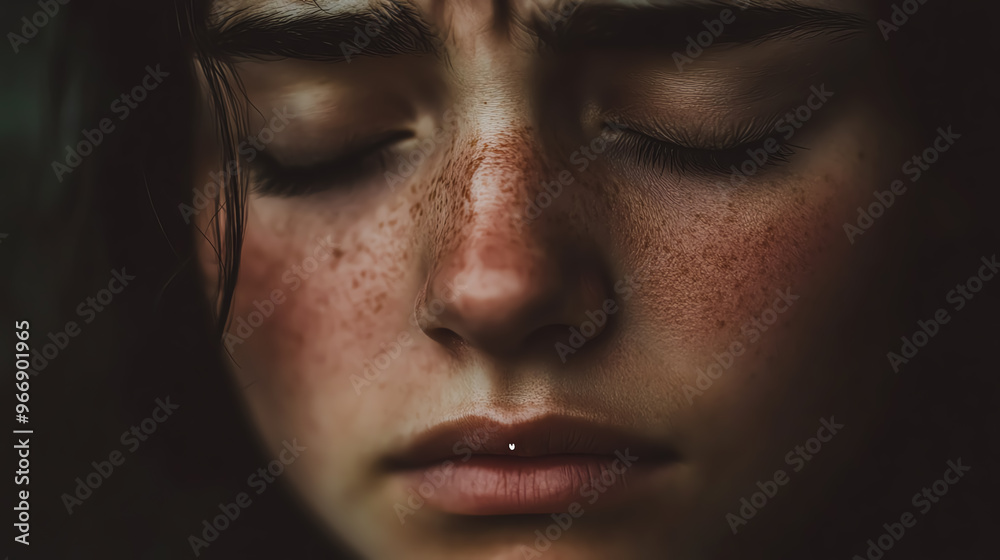 A close-up of a person's face, eyes closed with a single tear falling, the background softly blurred, capturing the emotional depth of silent pain and sorrow A close-up of a person's face, eyes closed with a single tear falling, the background softly blurred, capturing the emotional depth of silent pain and sorrow
