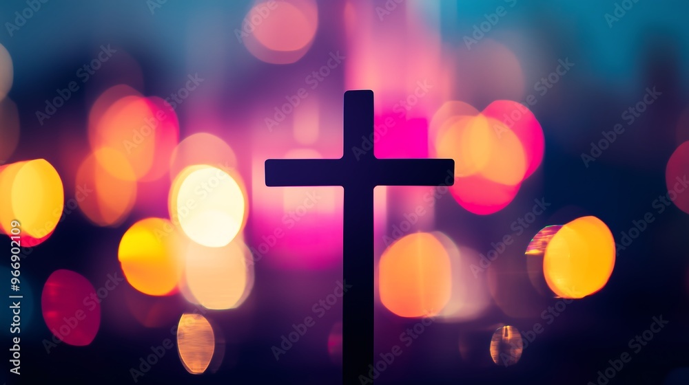 Silhouette of Christian cross with colorful bokeh lights in background Silhouette of Christian cross with colorful bokeh lights in background