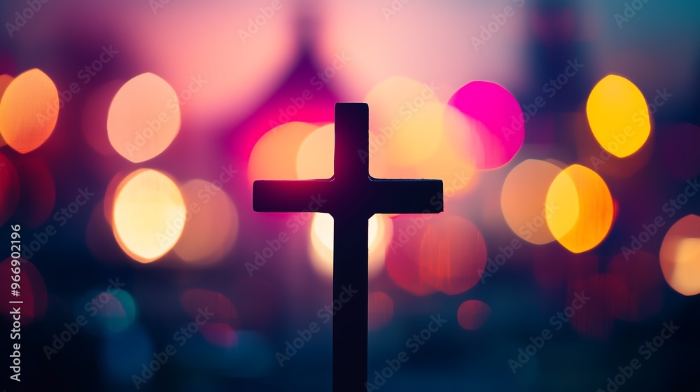 Silhouette of Christian cross with colorful bokeh lights in background Silhouette of Christian cross with colorful bokeh lights in background