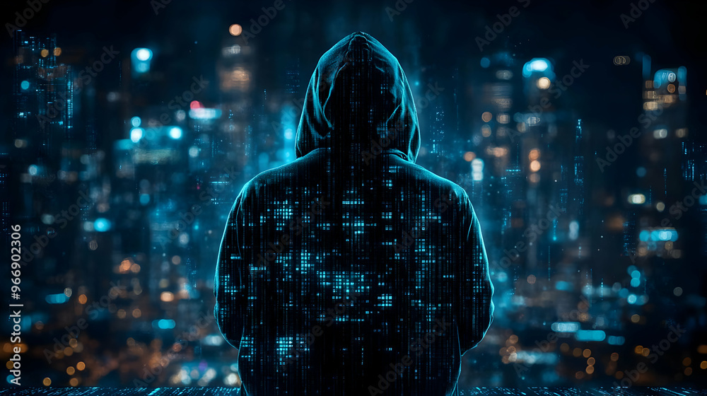 Fototapeta premium A figure in a hoodie gazes at a futuristic cityscape, surrounded by digital effects.